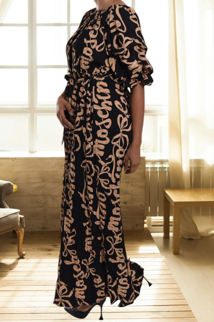 Beige Printed Puff Sleeve Pocket Maxi Dress - StylePhase SA