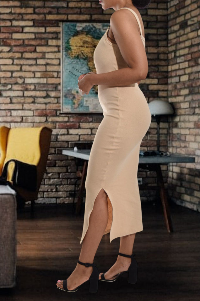 Beige Rib Bodycon Slit Dress - StylePhase SA