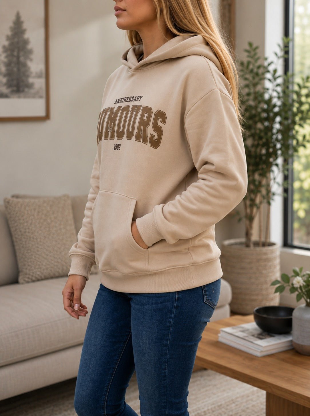 Biege Printed Fleece Hoody Top - Rumours - StylePhase SA