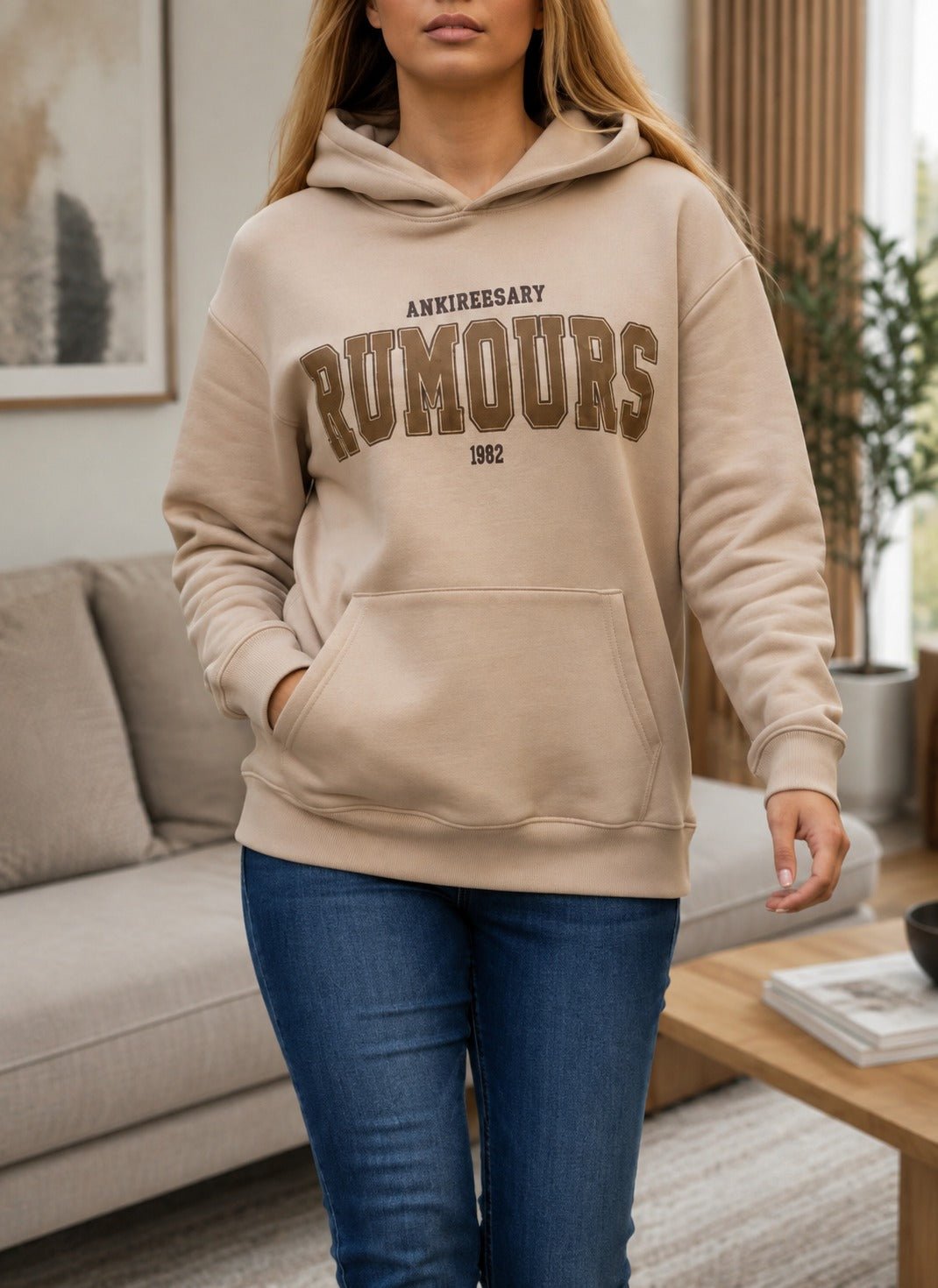 Biege Printed Fleece Hoody Top - Rumours - StylePhase SA