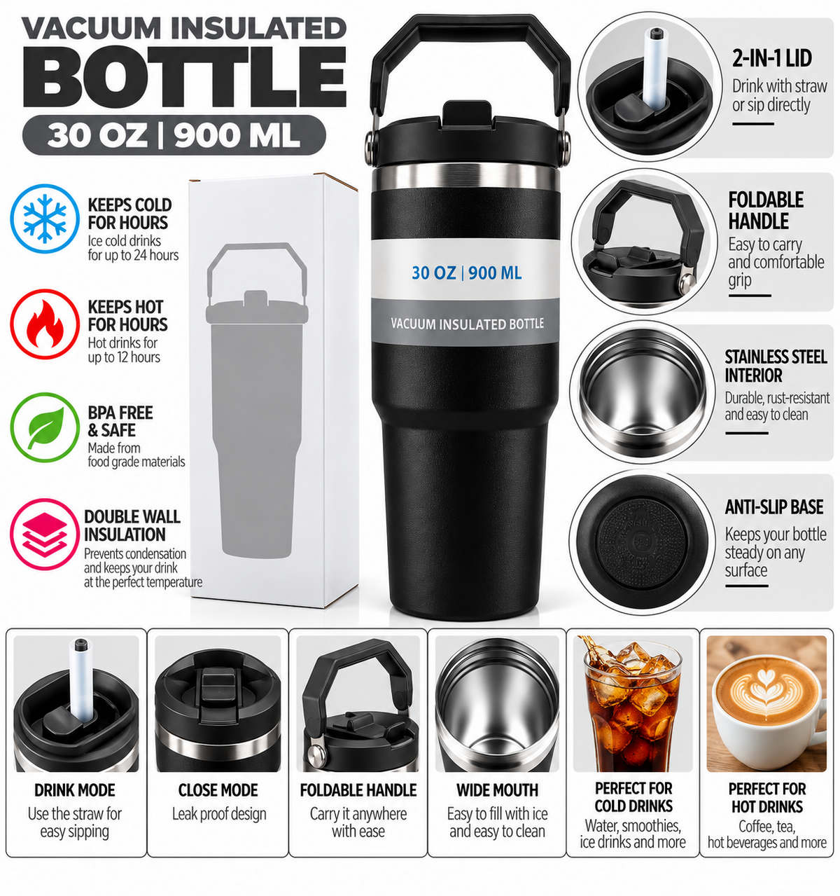 Black 900ml insulated bottle and packaging