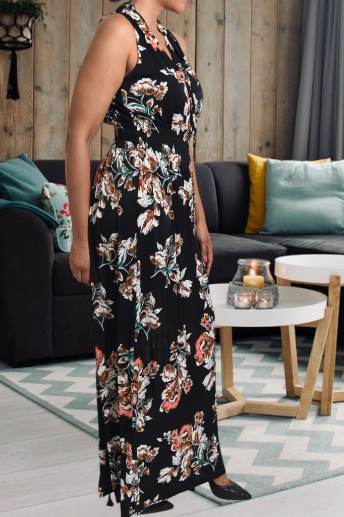 Black And Brown Floral Halter Neck Dress - StylePhase SA