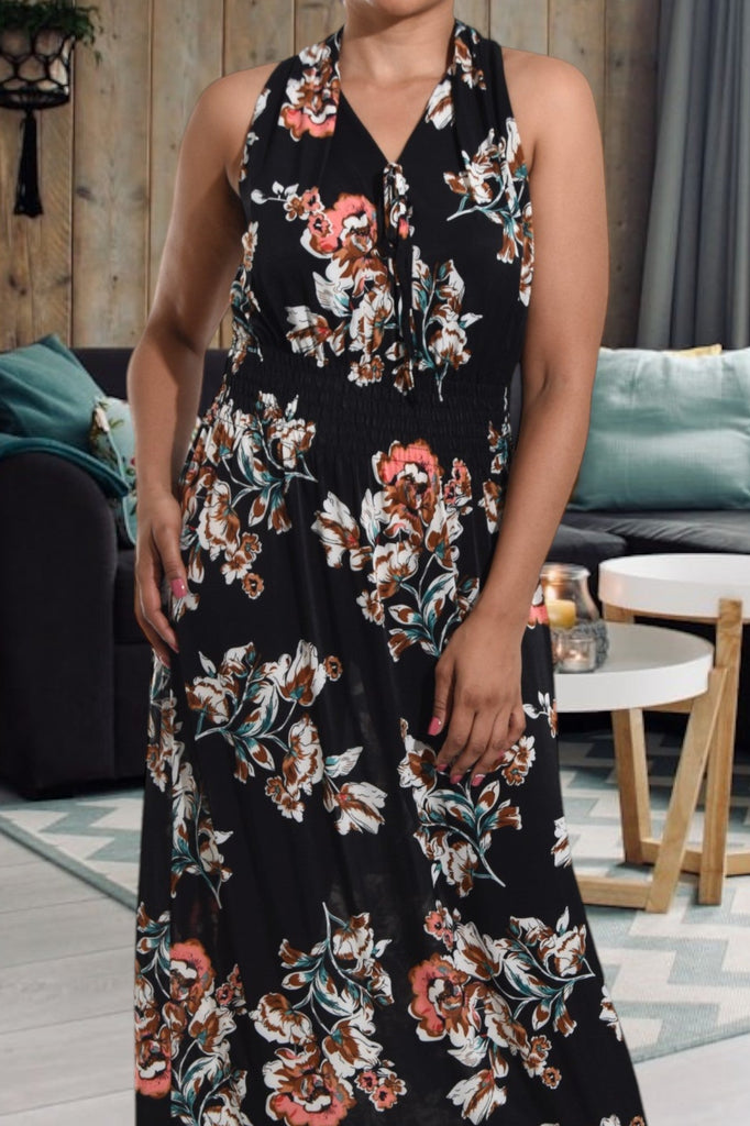 Black And Brown Floral Halter Neck Dress - StylePhase SA