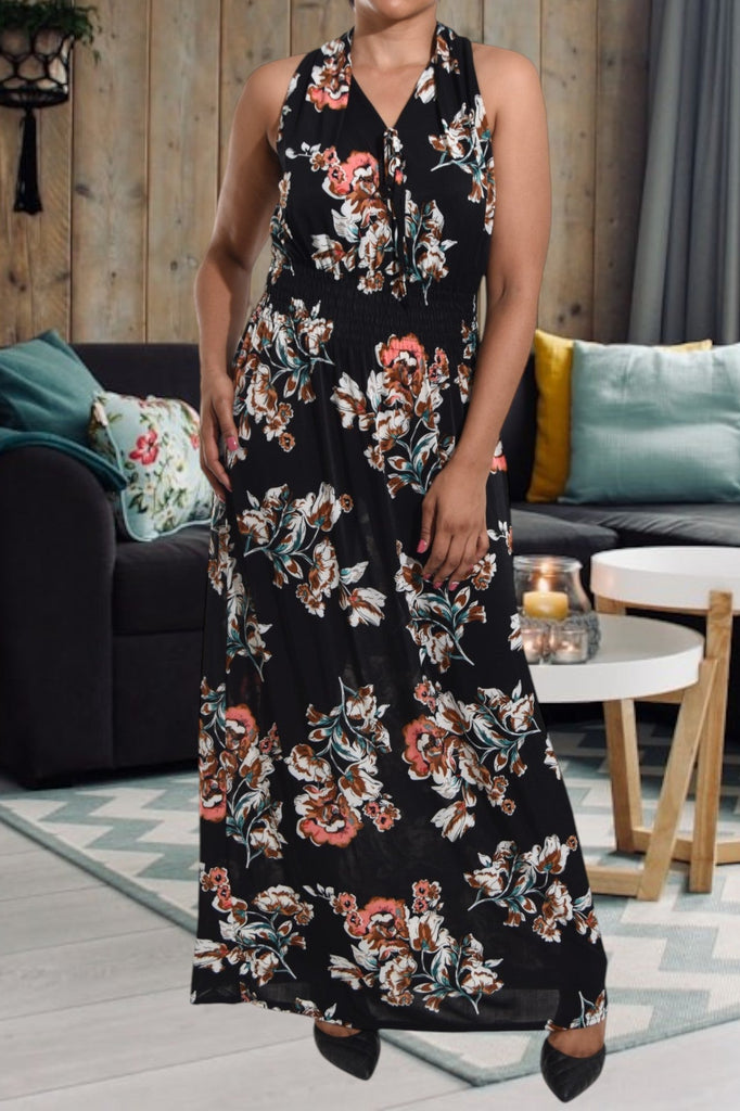 Black And Brown Floral Halter Neck Dress - StylePhase SA