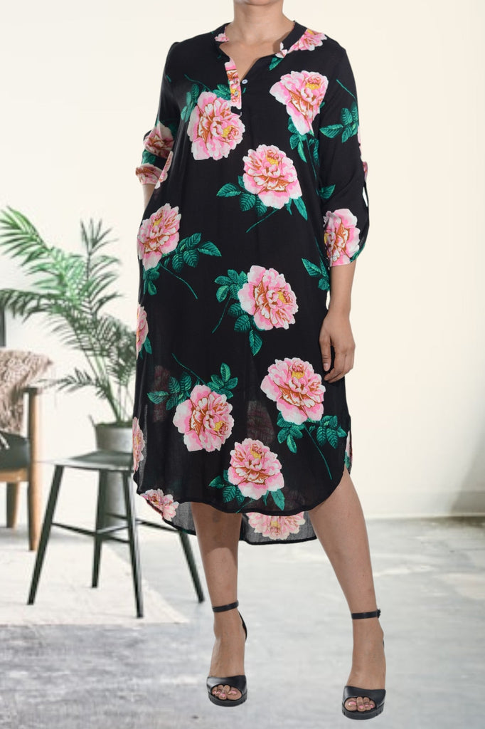 Black And Pink Floral Pocket Tunic Dress - StylePhase SA