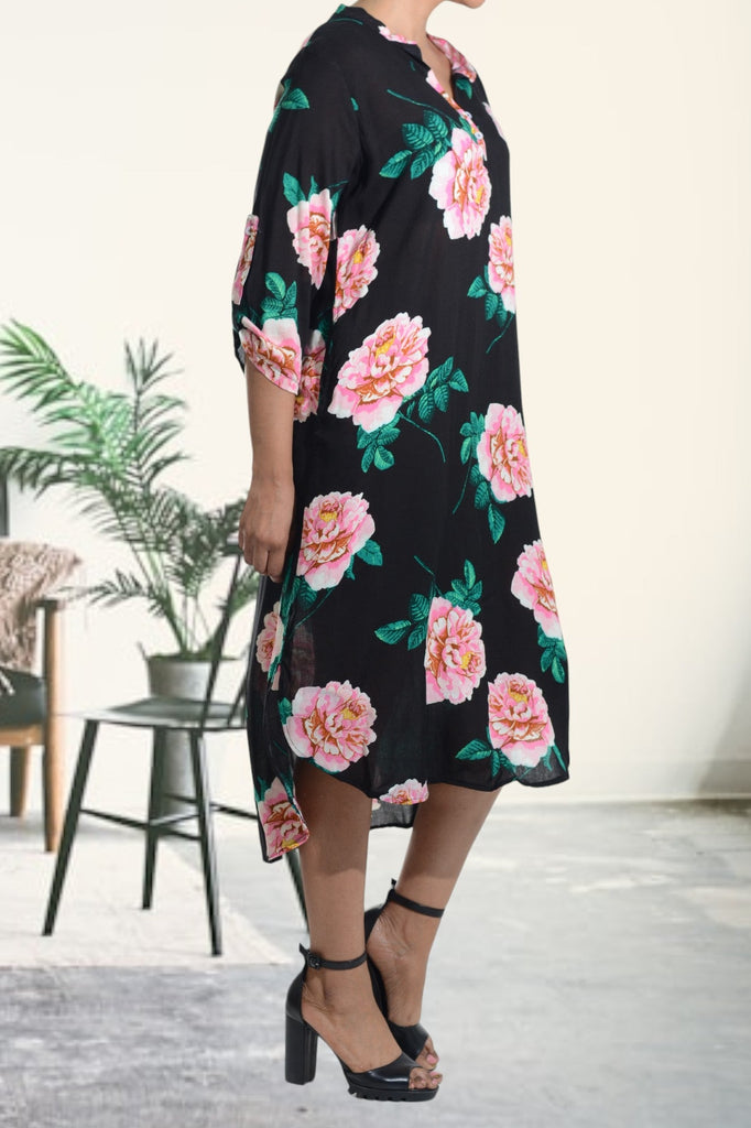 Black And Pink Floral Pocket Tunic Dress - StylePhase SA