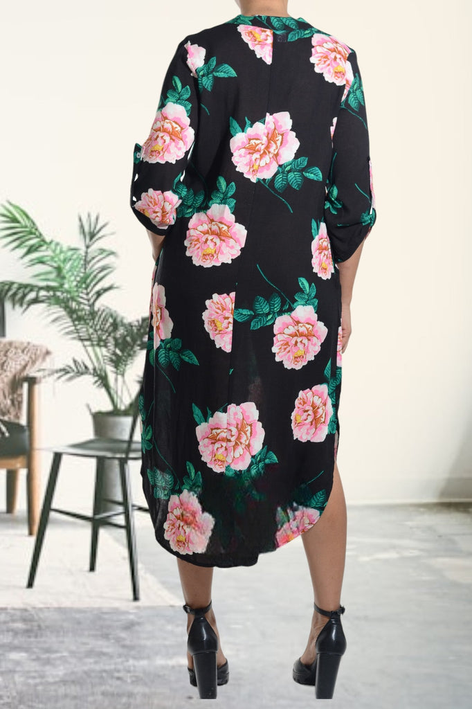 Black And Pink Floral Pocket Tunic Dress - StylePhase SA