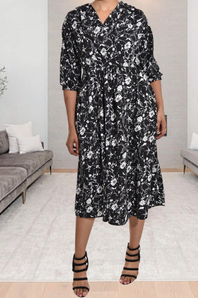 Black And White Floral Print Pocket Dress - StylePhase SA