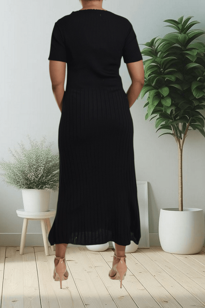 Black Button Front Rib Knit Dress - StylePhase SA