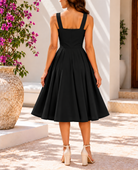 Black draped bust midi dress back view