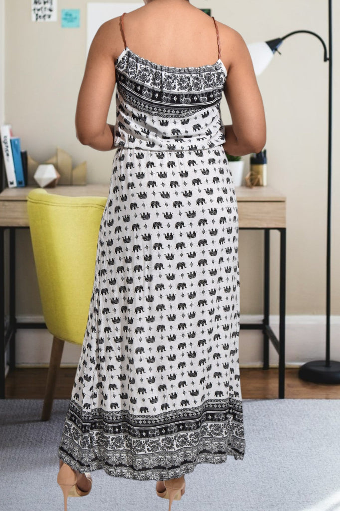 Black Elephant Print Strappy Maxi Tie Dress - StylePhase SA