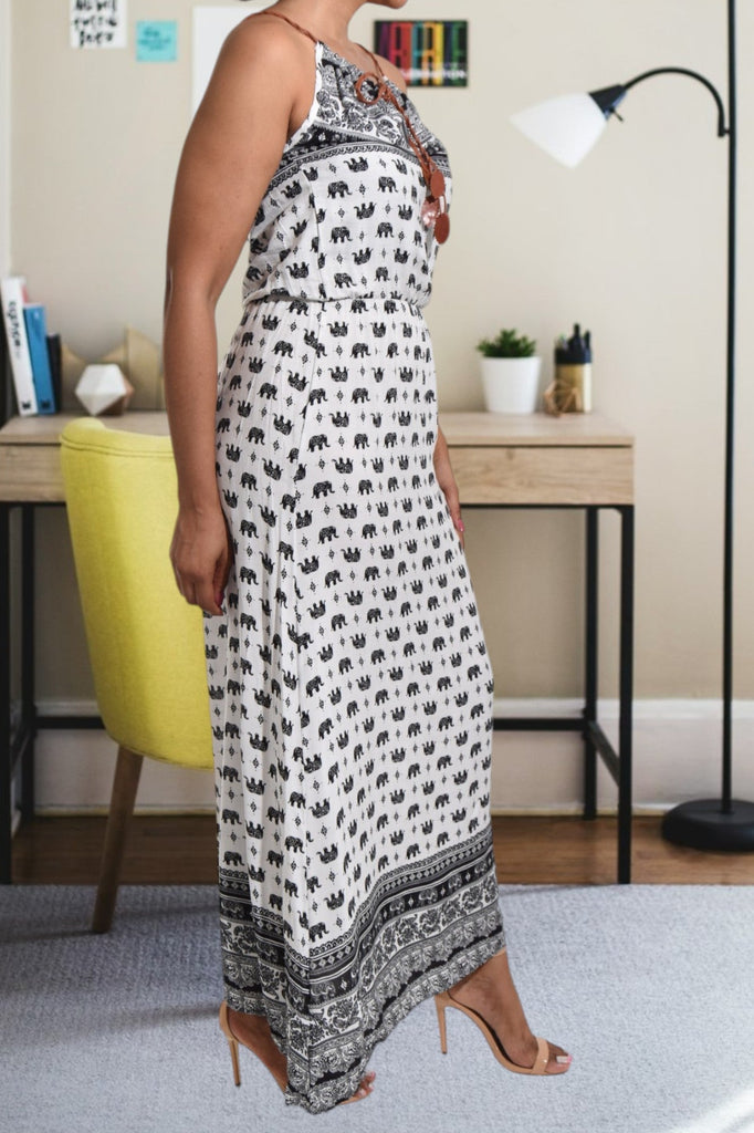 Black Elephant Print Strappy Maxi Tie Dress - StylePhase SA