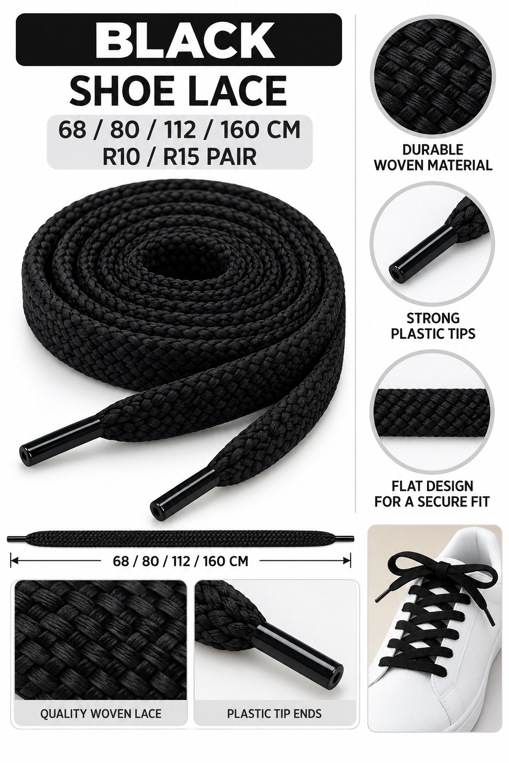 Black flat shoelaces with lengths and features