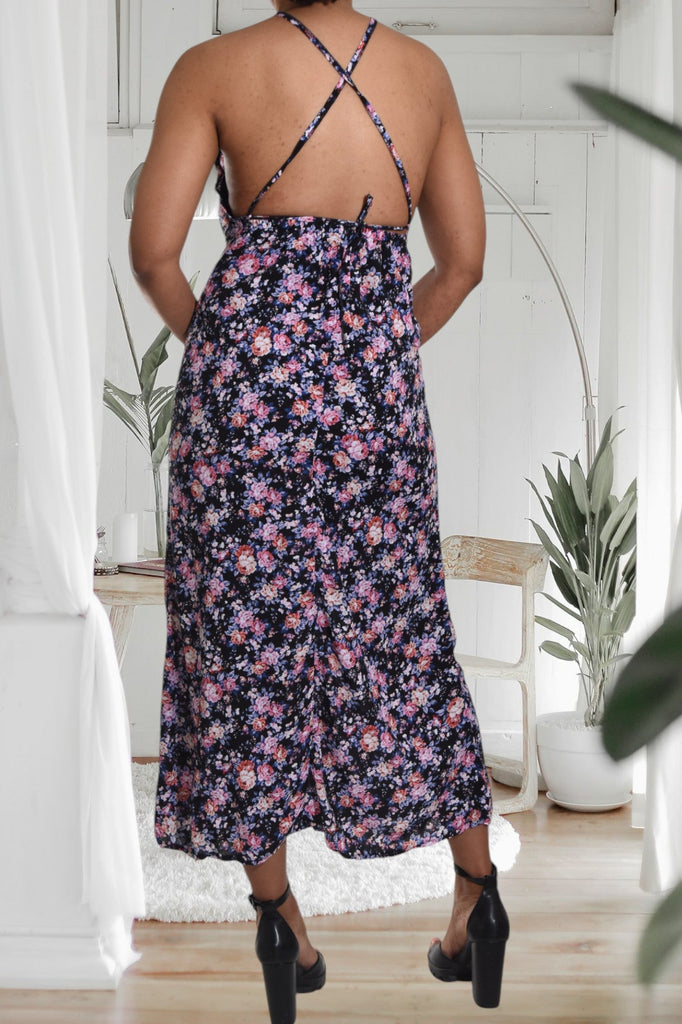 Black Floral Backless Tie Dress - StylePhase SA