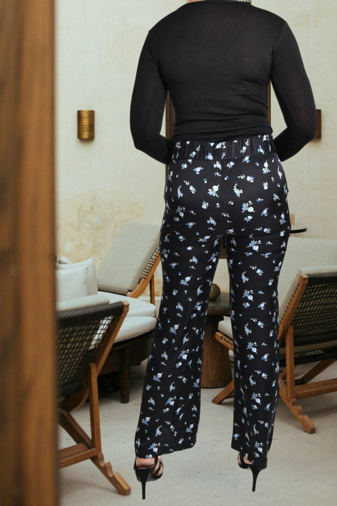 Black Floral Elastic Waist Pants - StylePhase SA