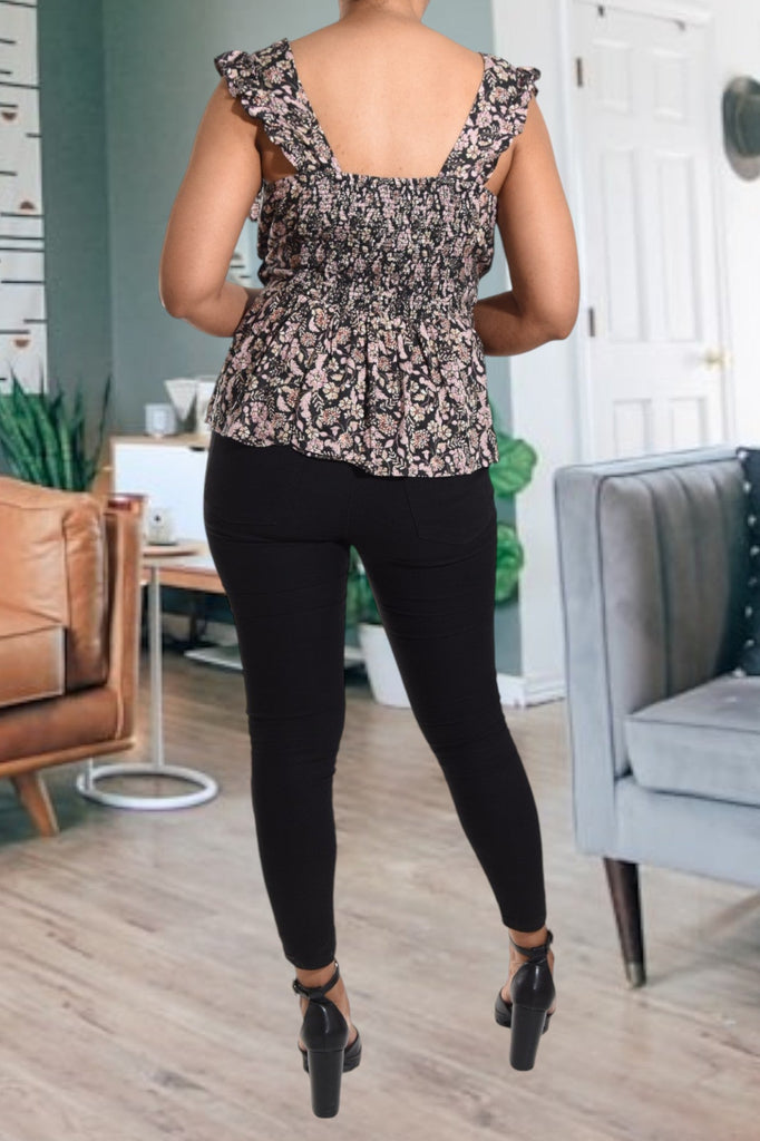 Black Floral Flutter Sleeve Top - StylePhase SA