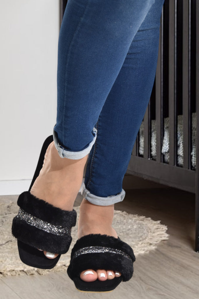 Black Fur Glitter Sandal - StylePhase SA