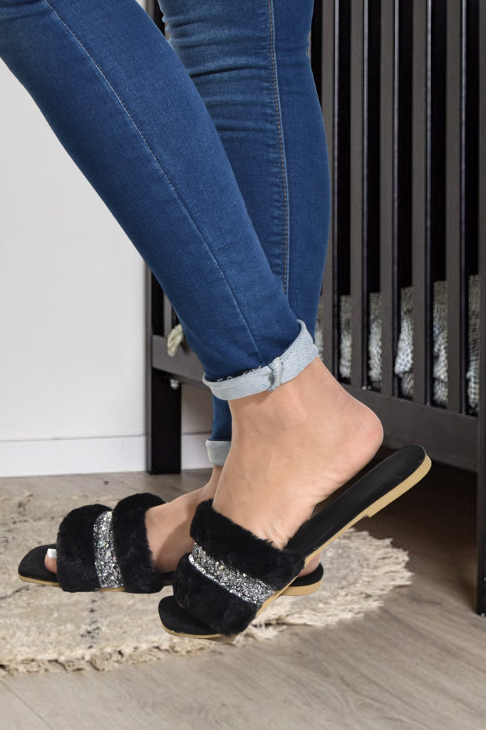 Black Fur Glitter Sandal - StylePhase SA