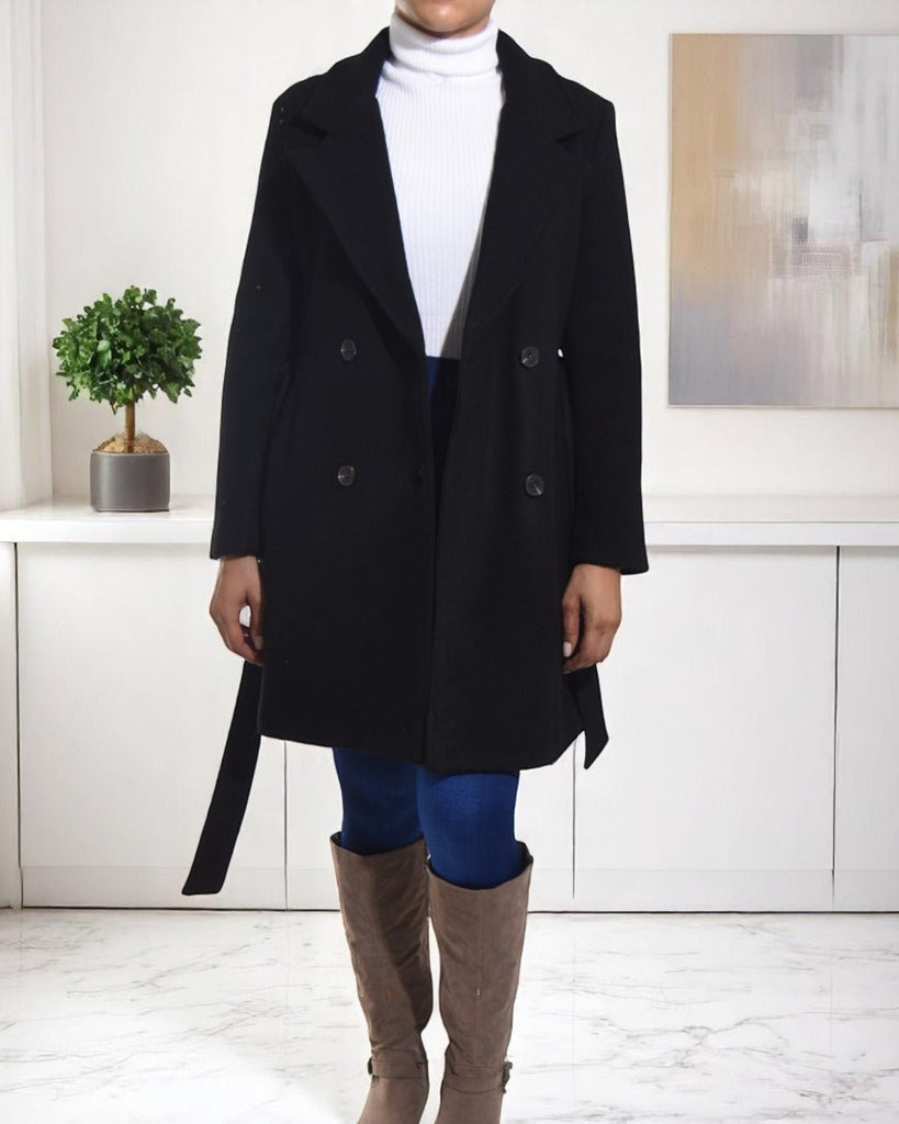 Black Ladies Belted Coat - StylePhase SA