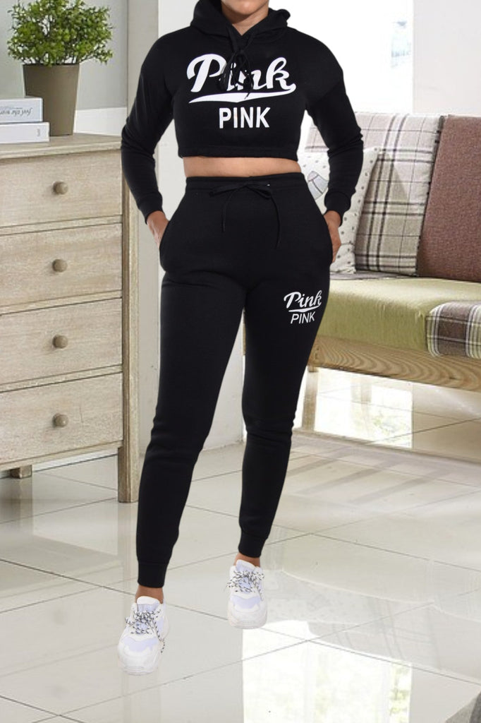 Black Printed Crop Fleece Tracksuit - StylePhase SA