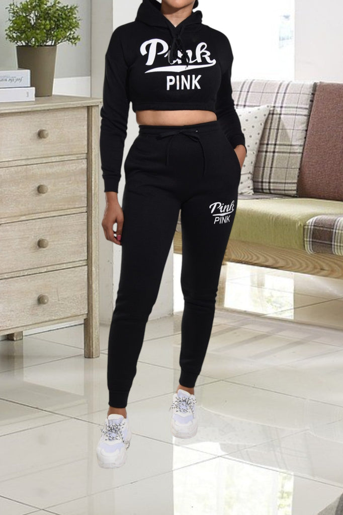 Black Printed Crop Fleece Tracksuit - StylePhase SA