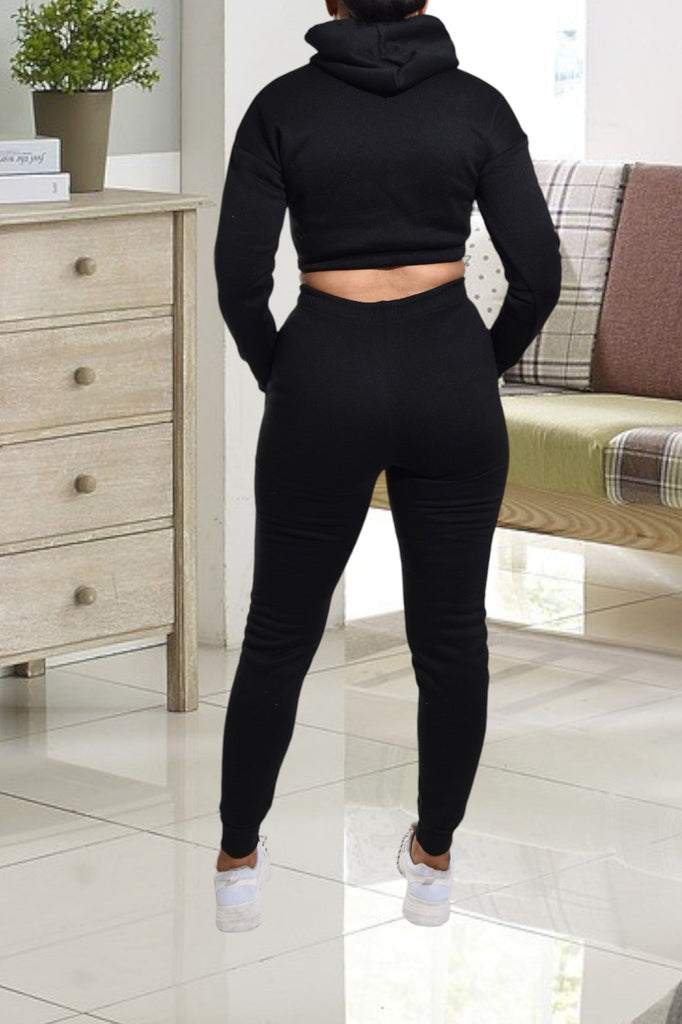 Black Printed Crop Fleece Tracksuit - StylePhase SA