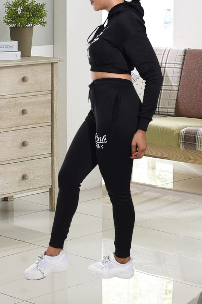 Black Printed Crop Fleece Tracksuit - StylePhase SA