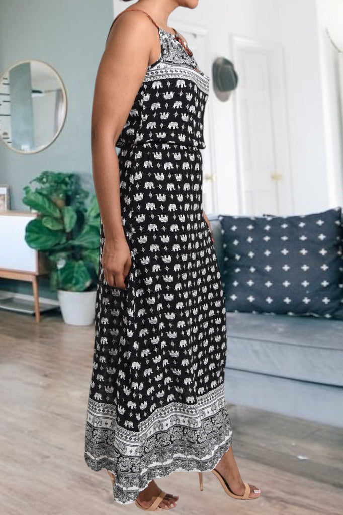 Black Printed Strappy Maxi Tie Dress - StylePhase SA