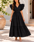 Front view black ruffle tiered maxi dress