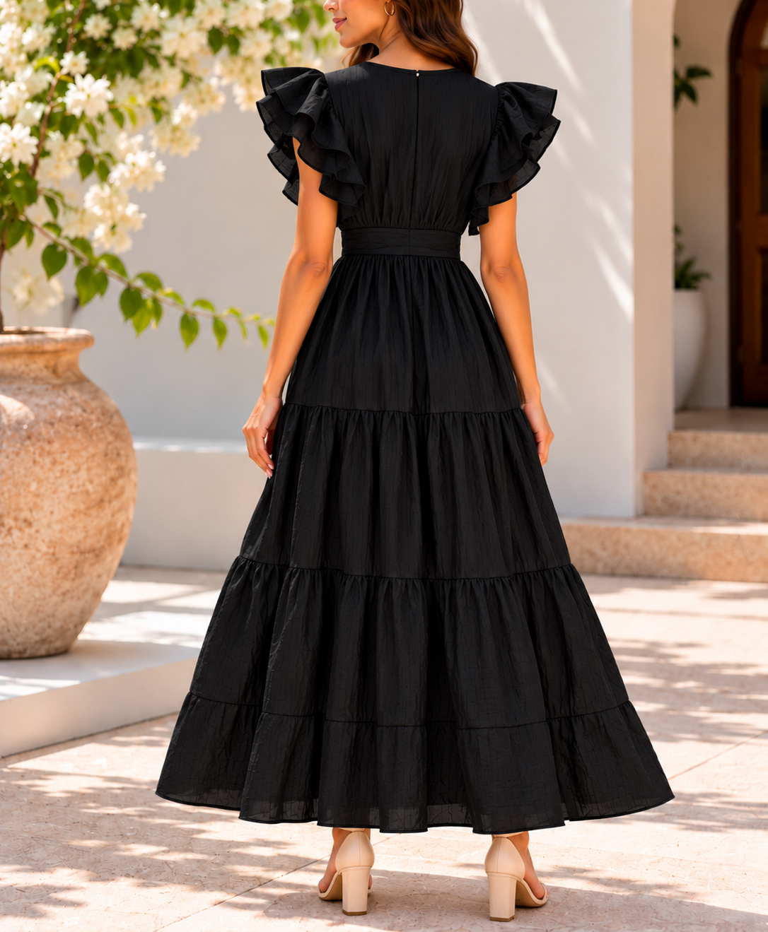 Side view black ruffle tiered maxi dress