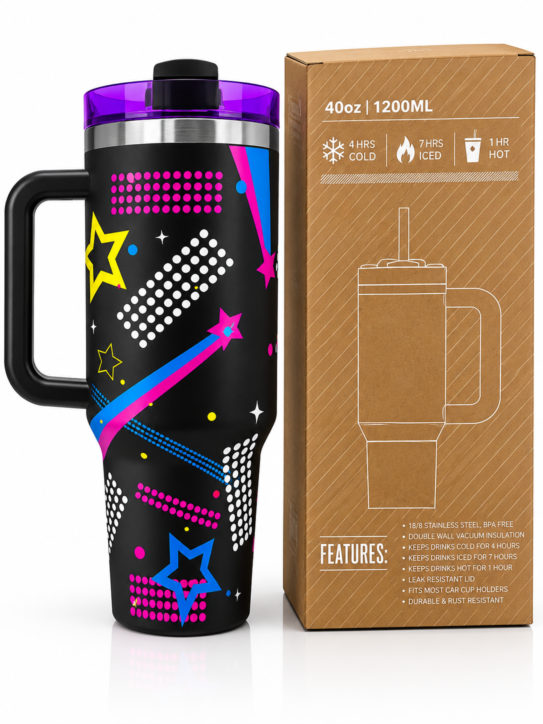 Black star print tumbler with box