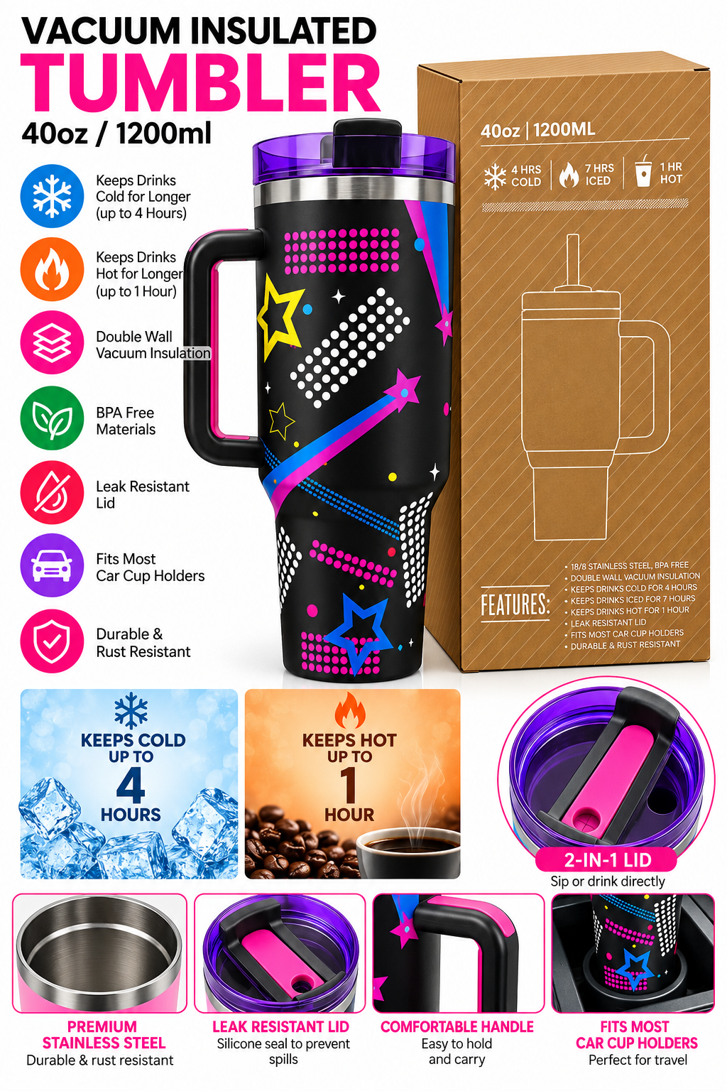 Black star print tumbler features