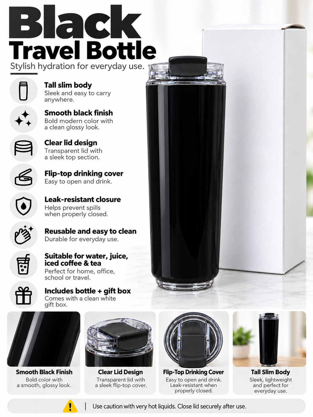 Black travel bottle product features and details