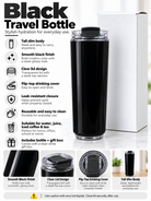 Black travel bottle product features and details