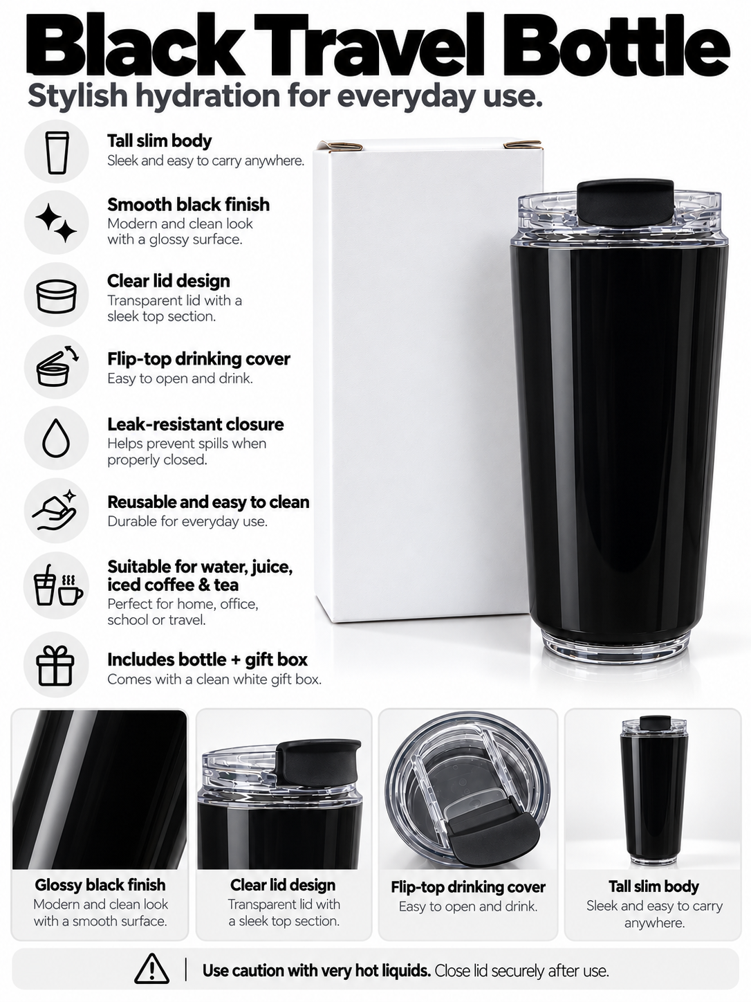 Black travel bottle product features and details