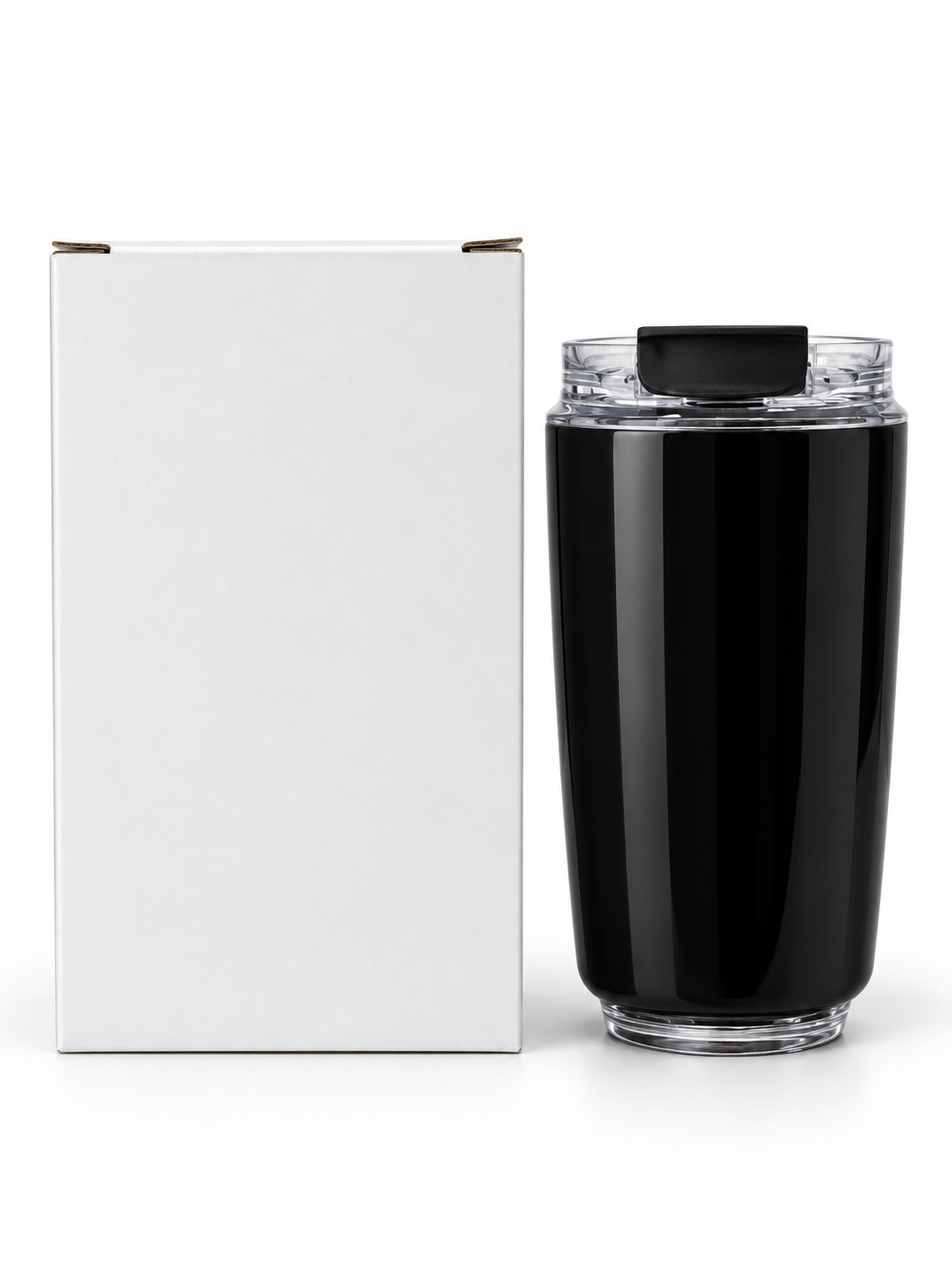 Black travel bottle with clear flip-top lid and white gift box
