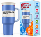 Blue tumbler features dimensions and lid details