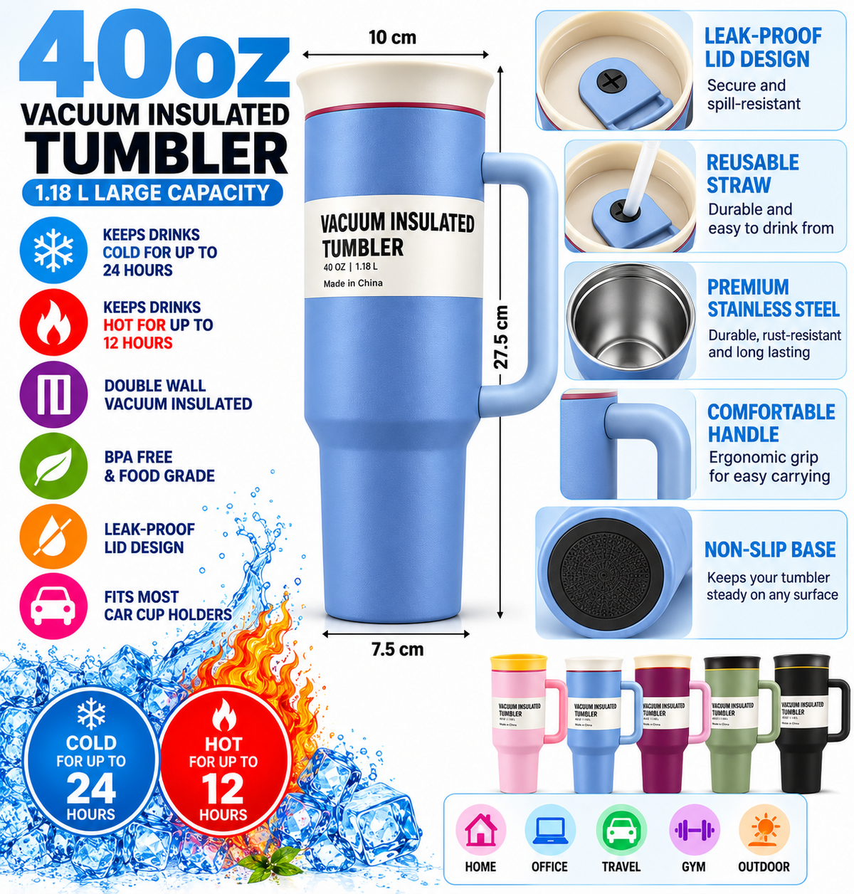 Blue vacuum insulated tumbler with handle and retail box