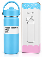 Blue vacuum insulated flask features and instructions