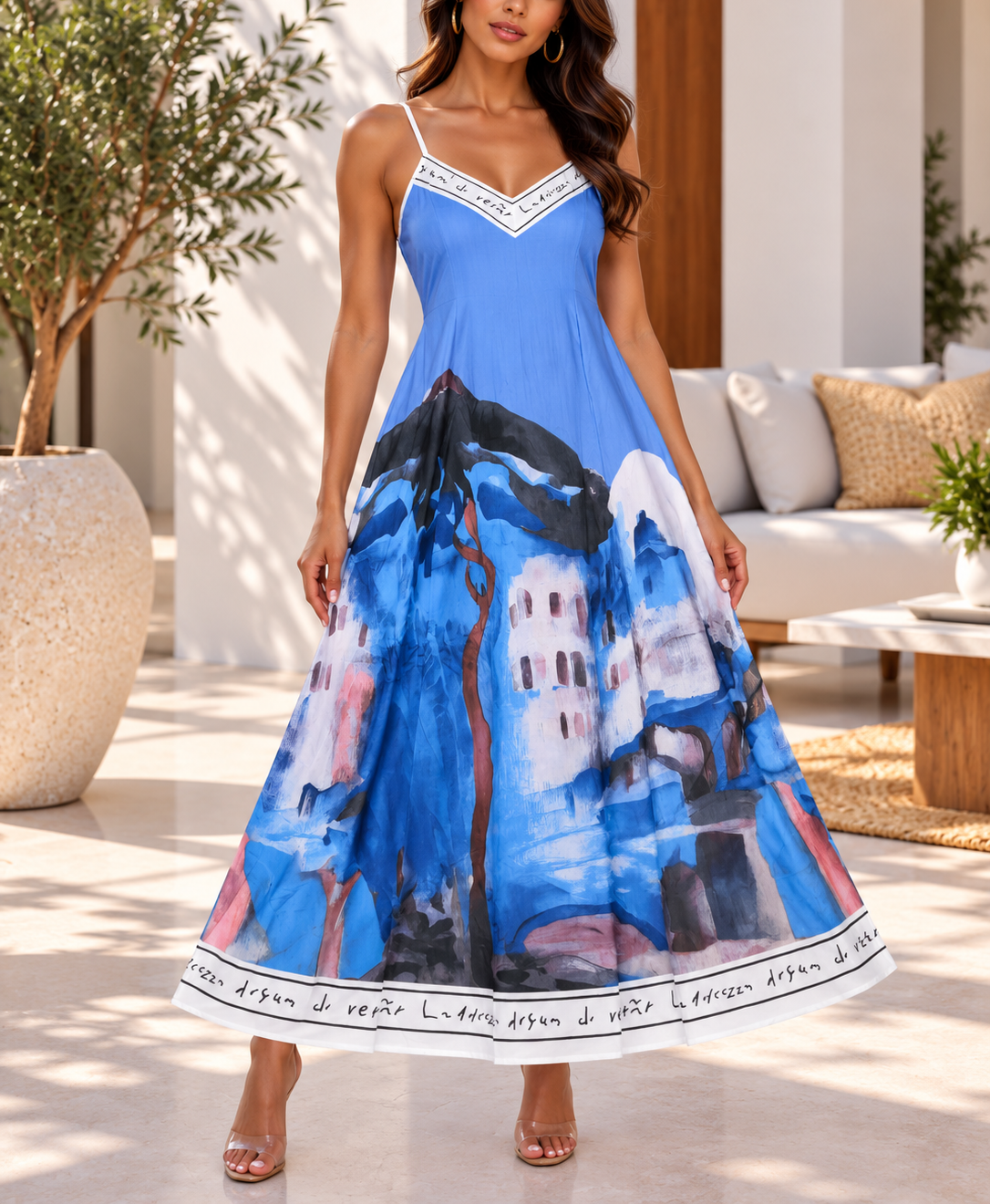 Blue abstract print strappy maxi dress front view