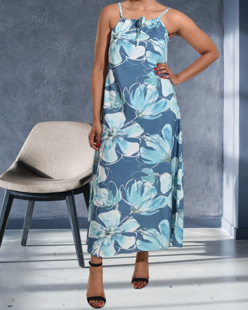 Blue And Grey Strappy Maxi Tie Dress - StylePhase SA