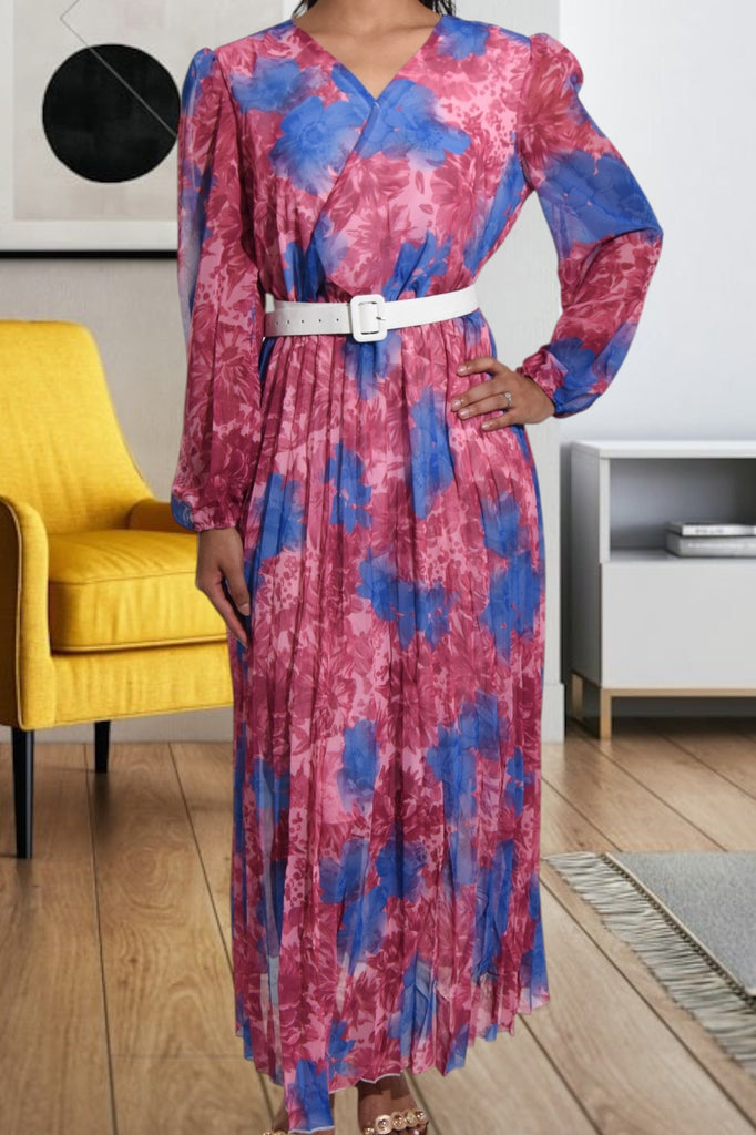 Blue Floral Chiffon Dress with Belt - StylePhase SA