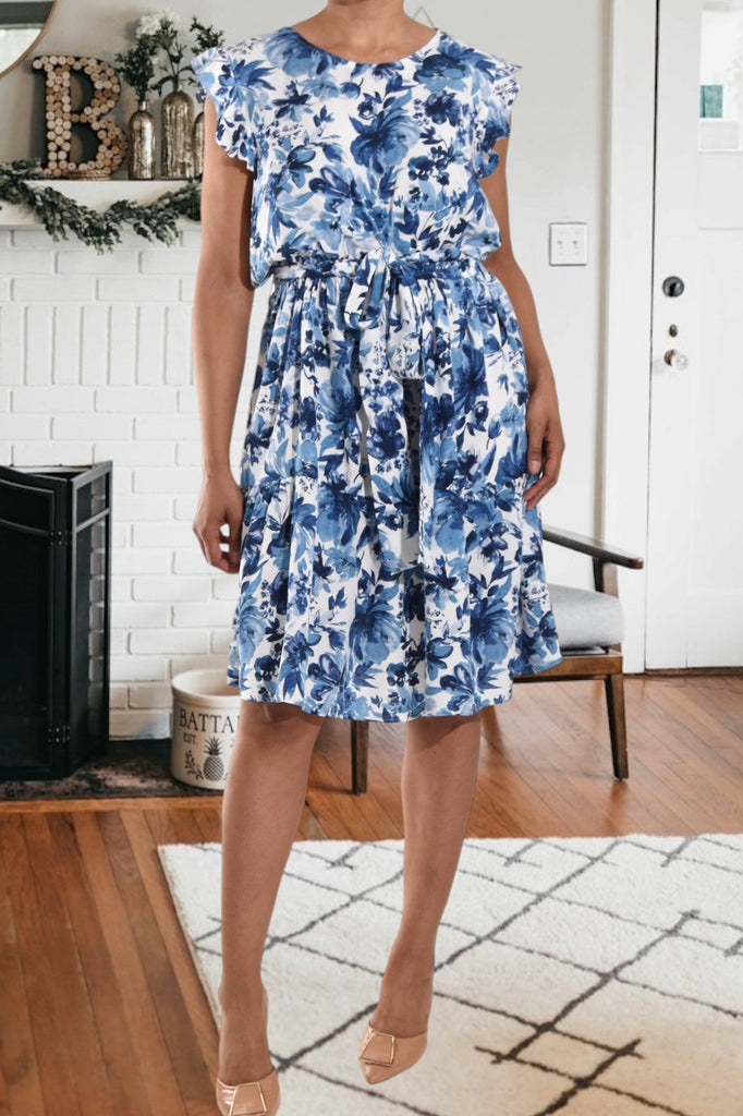 Blue Floral Ruffle Tie Mini Dress - StylePhase SA