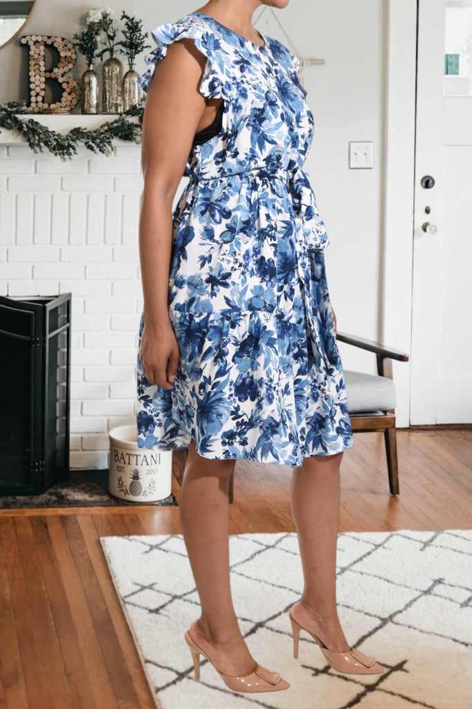 Blue Floral Ruffle Tie Mini Dress - StylePhase SA