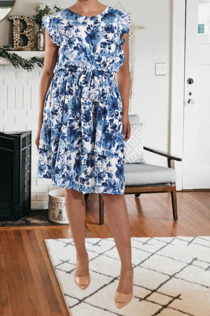 Blue Floral Ruffle Tie Mini Dress - StylePhase SA