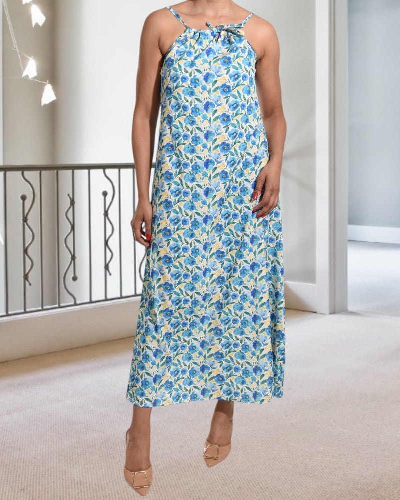 Blue Floral Strappy Maxi Tie Dress . - StylePhase SA