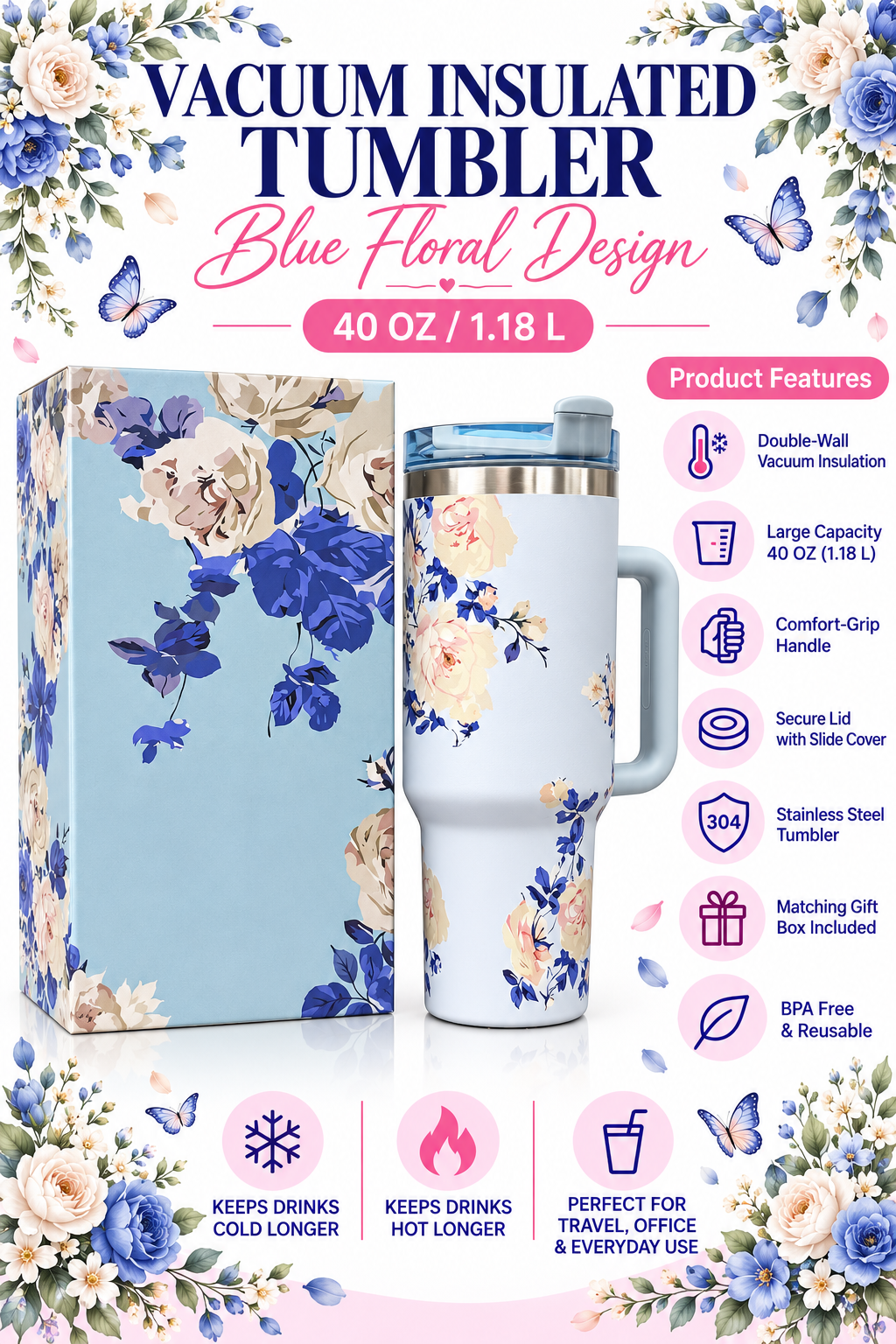 Blue floral vacuum insulated tumbler product features