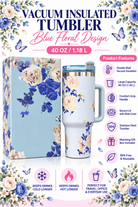 Blue floral vacuum insulated tumbler product features