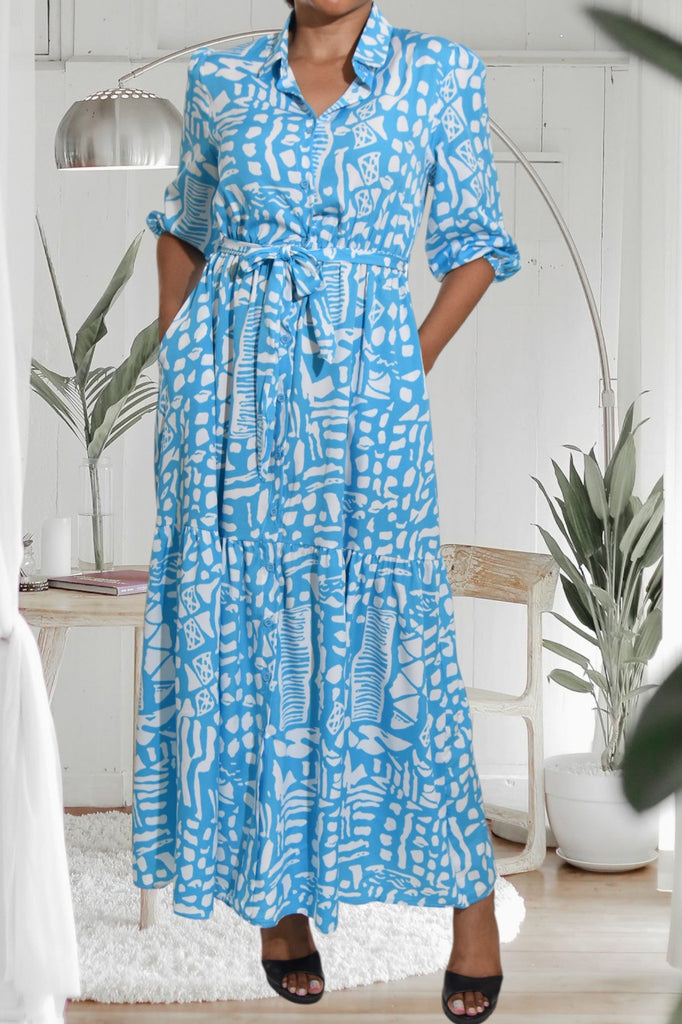 Blue Printed Pocket Maxi Dress - StylePhase SA