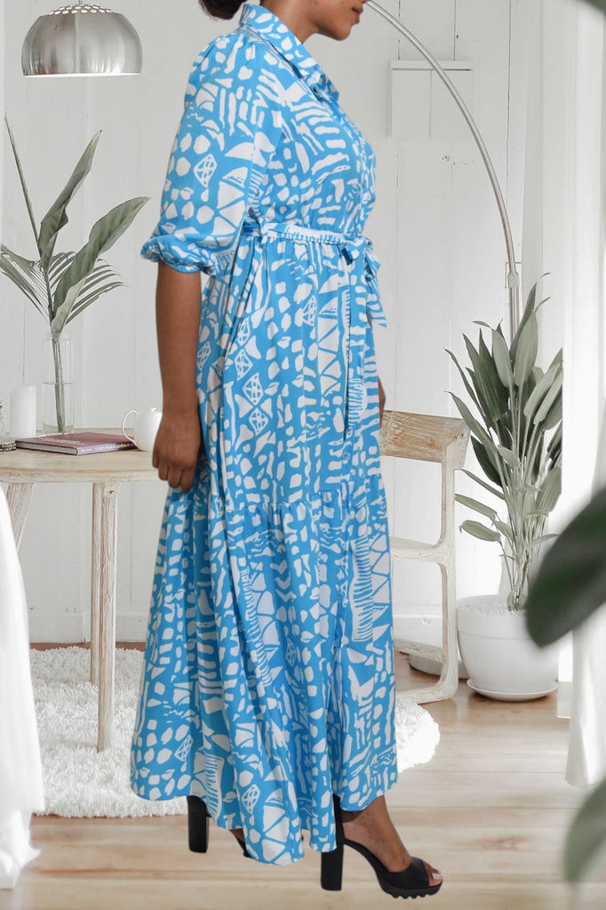 Blue Printed Pocket Maxi Dress - StylePhase SA